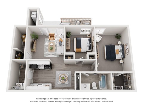 A 3D floor plan of a house with a kitchen, living room, and bathrooms.